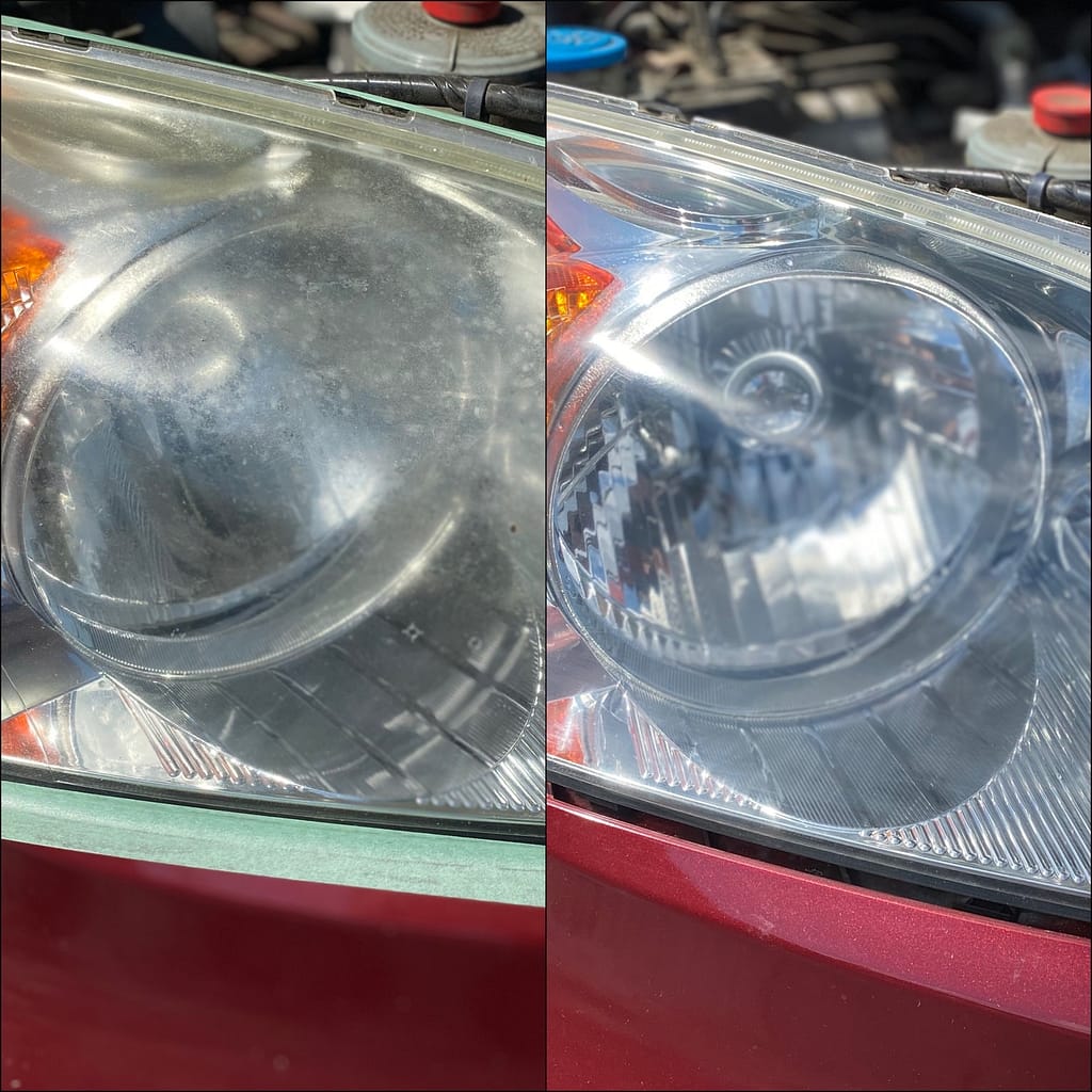Before and after image of headlight restoration in Tallahassee, performed by Coast 2 Coast Detailing.